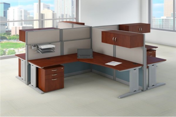 Bundle includes: (4) L Shaped Desks and Cubicle Workstations, (4) 3 Drawer Mobile File Cabinets, (4) Storage Cabinets with Adjustable Paper Trays and Pencil Cups 65W x 65D L Shaped Desks feature durable thermally fused laminate surfaces Turns open space into efficient collaborative work environments Sturdy metal-framed panels covered by stylish two-tone fabric Includes full-height 63H panels for privacy and short 48H panels for communication Designed for a quick, easy installation with all hardware and cubicle panels included Desktop grommets and removable panels on metal legs for cable management Adjustable levelers compensate for uneven floors Meets ANSI/BIFMA quality test standards for performance and safety Commercial quality backed by 10 Year Manufacturer's Warranty