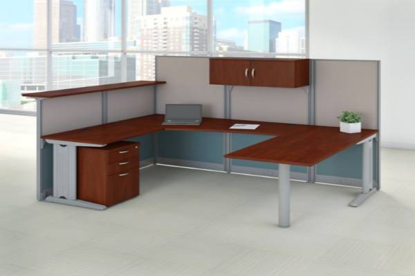 Bundle includes: U Shaped Desk and Cubicle Workstation, Reception Gallery Shelf, 3 Drawer Mobile File Cabinet, Storage Cabinet with Adjustable Paper Tray and Pencil Cup 89W x 65D U Shaped Desk features durable thermally fused laminate surface Turns open space into efficient work environment Sturdy metal-framed panels covered by stylish two-tone fabric Includes full-height 63H panels for privacy and short 48H panels for communication Shelf mounts to short panels for a comfortable space for guests to stand Designed for a quick, easy installation with all hardware and cubicle panels included Desktop grommets and removable panels on metal legs for cable management Meets ANSI/BIFMA quality test standards for performance and safety Commercial quality backed by 10 Year Manufacturer's Warranty