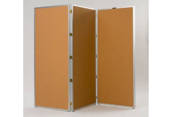 Screens are lightweight, yet durable; an economical, effortless way of providing privacy. Tan Nucork panels have aluminum frame with double action hinges. Nucork panels can be used as they are, painted, papered, or covered with fabric by owner. Fold nearly flat for storage