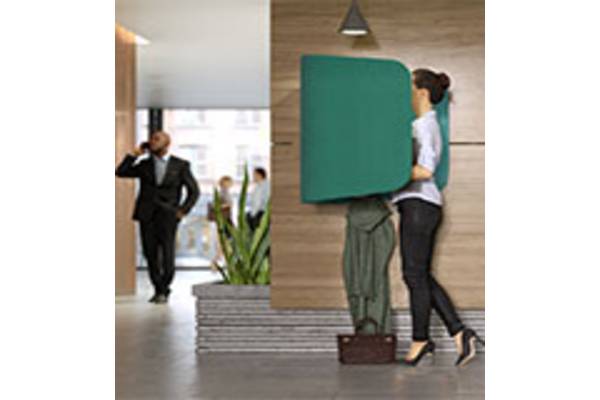 iBooth® is an innovative enclosure designed for today's mobile world of interactive devices, where connection is everywhere but privacy is limited.  Offering both sound dampening and privacy while maintaining visibility to the surrounding space, iBooth is easily placed in collaborative and common areas, connecting corridors, lobbies, and public and private space.  Freestanding models are available with a powder coated steel base, or wall mounted with left, right or front orientation.  An optional built-in power module has two additional USB outlets for charging 5V devices is also available.  With iBooth, there is now a designated and private place to plug in and hook up with a convenient work surface suitable for an ever-expanding collection of personal tools.